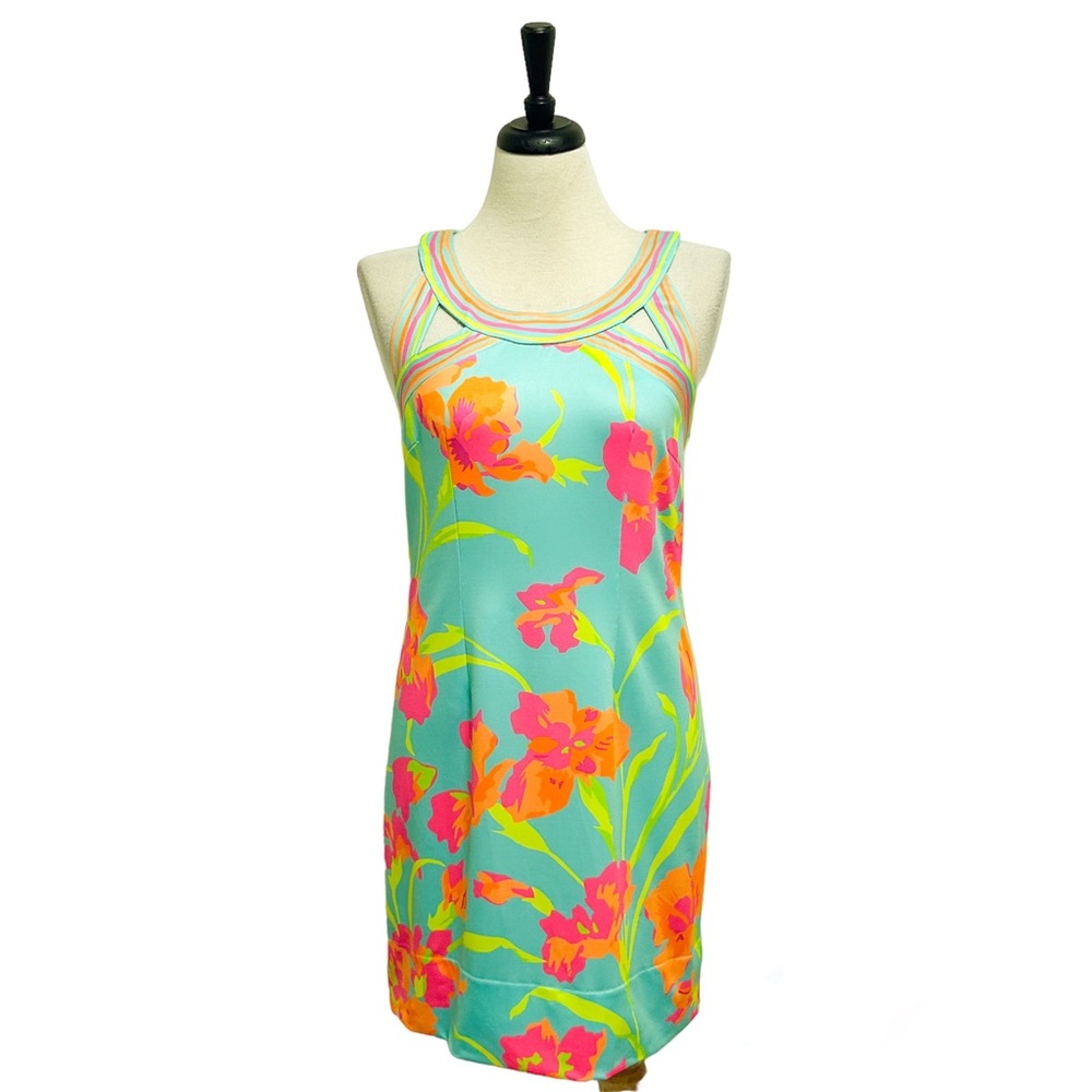 Gretchen Scott Isosceles Seafoam Green Neon Floral Sleeveless Shift Dress Large